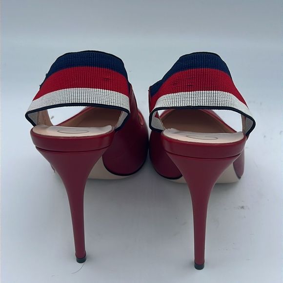 New Gucci Sylvie Red Leather Web Slingback Size 9/ 39 - Picture 3 of 12